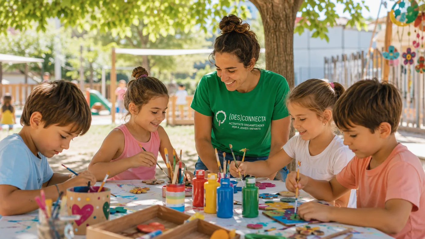 Monitora de Desconnecta fent un taller de manualitats amb infants en un casal d'estiu municipal