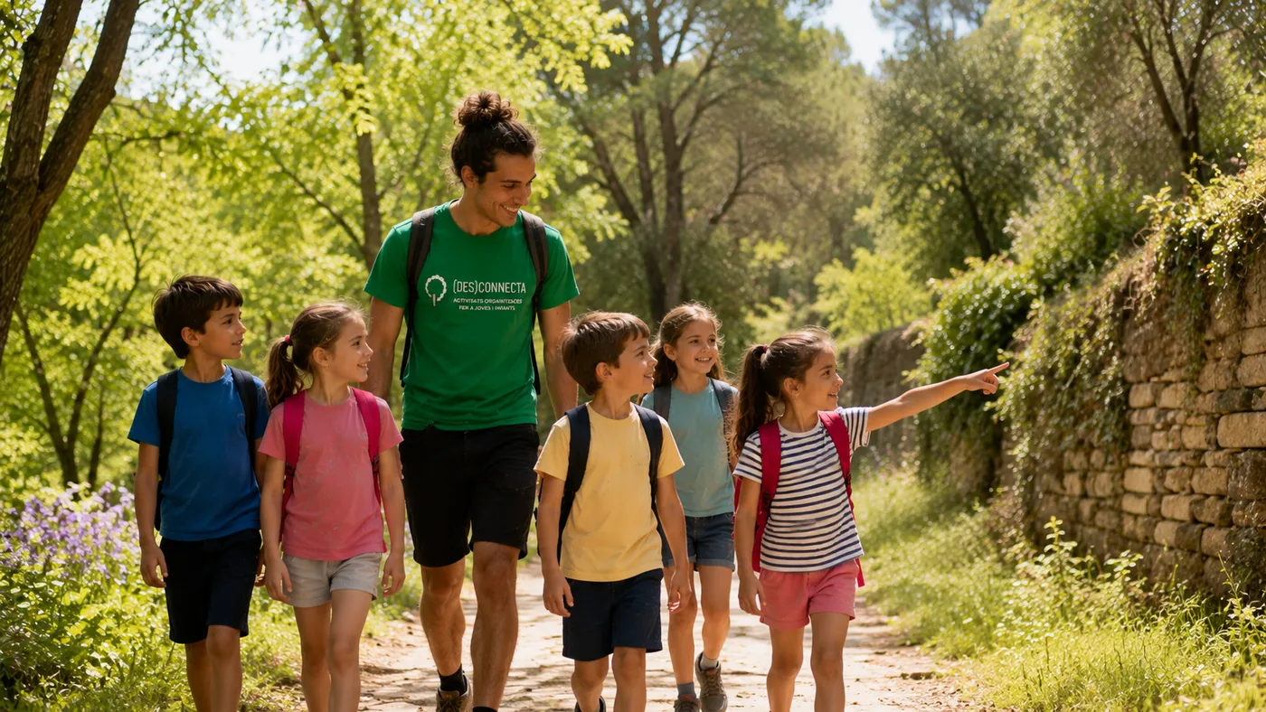 Monitor de Desconnecta acompanyant infants en una excursió de descoberta de natura