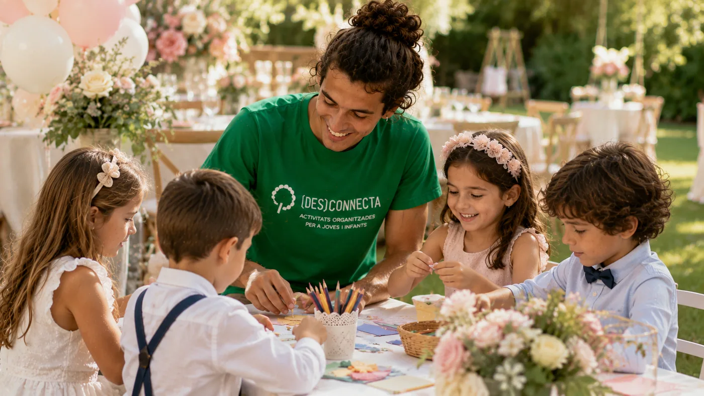 Zona d'entreteniment infantil en una celebració familiar elegant amb un monitor de Desconnecta
