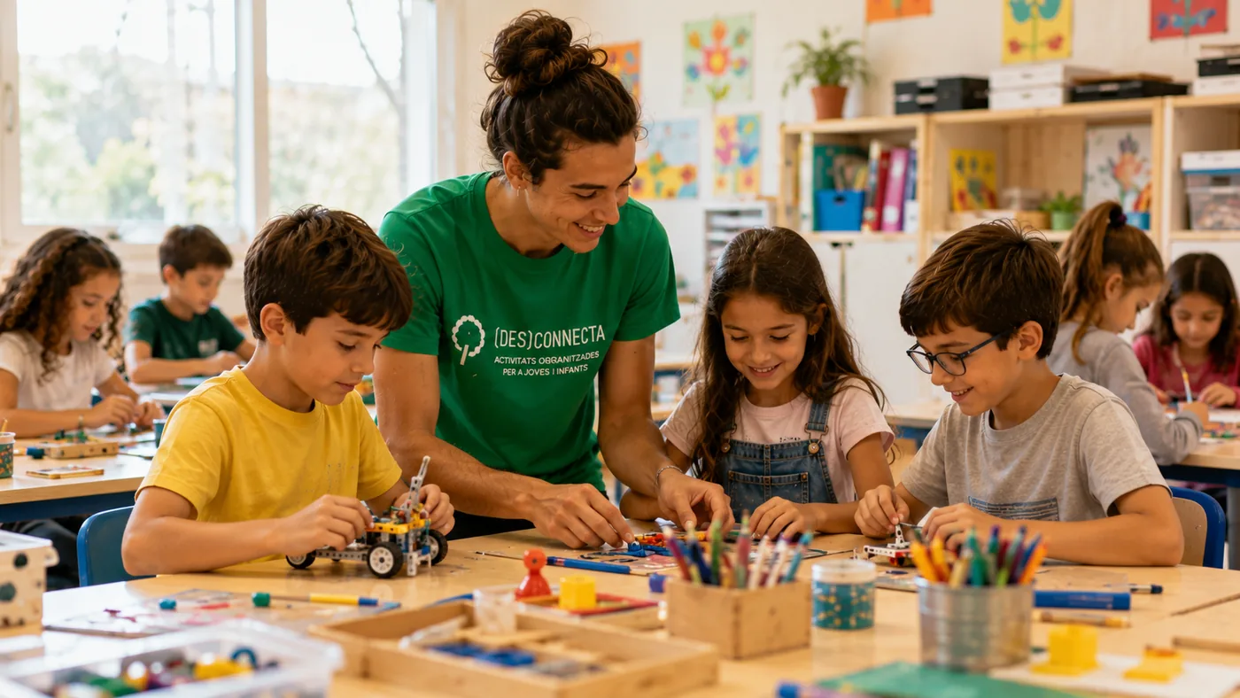 Infants fent una activitat extraescolar educativa amb materials a l'aula