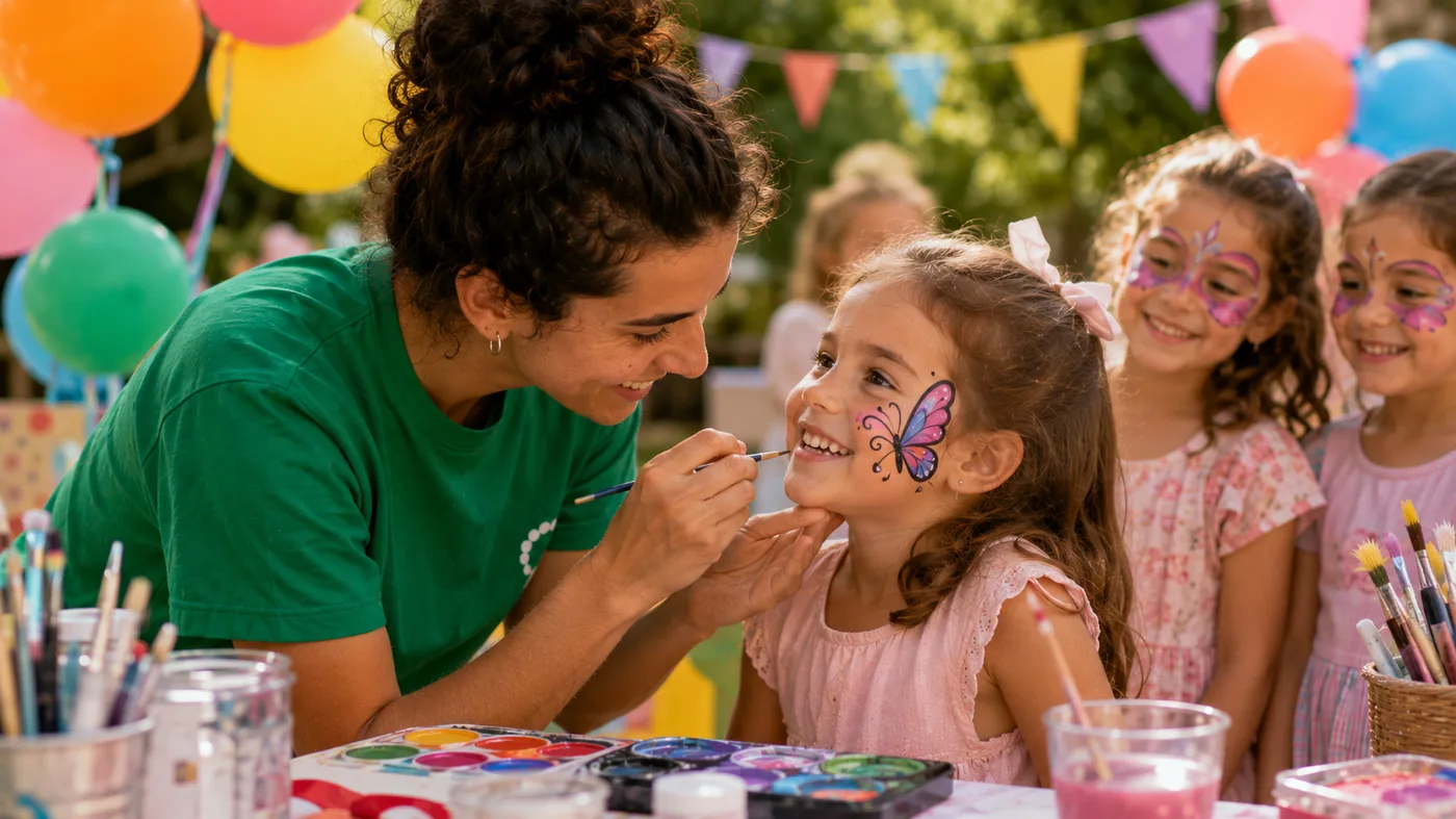 Monitora de Desconnecta pintant una papallona a la cara d'una nena en una festa d'aniversari