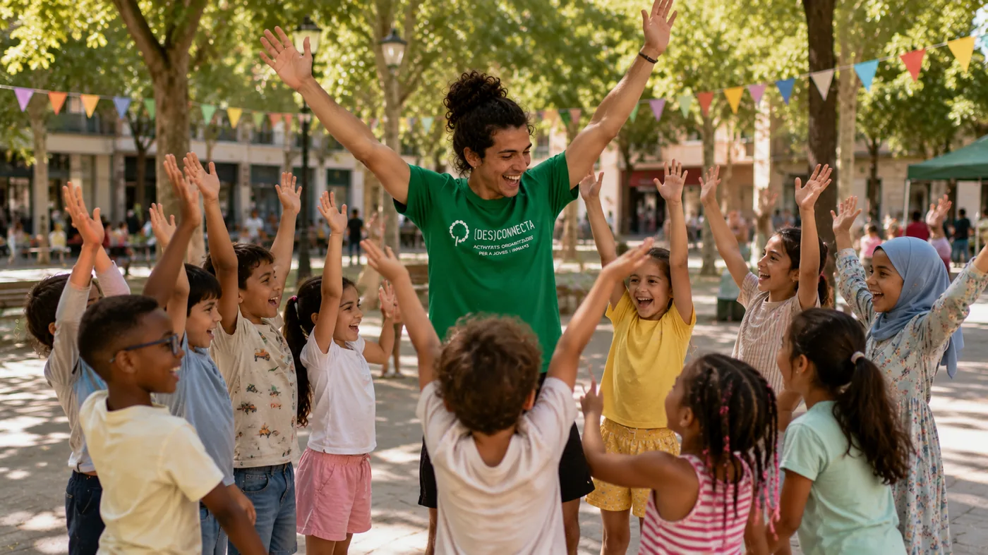 Grup divers d'infants jugant en rotllana amb un monitor en un projecte educatiu comunitari