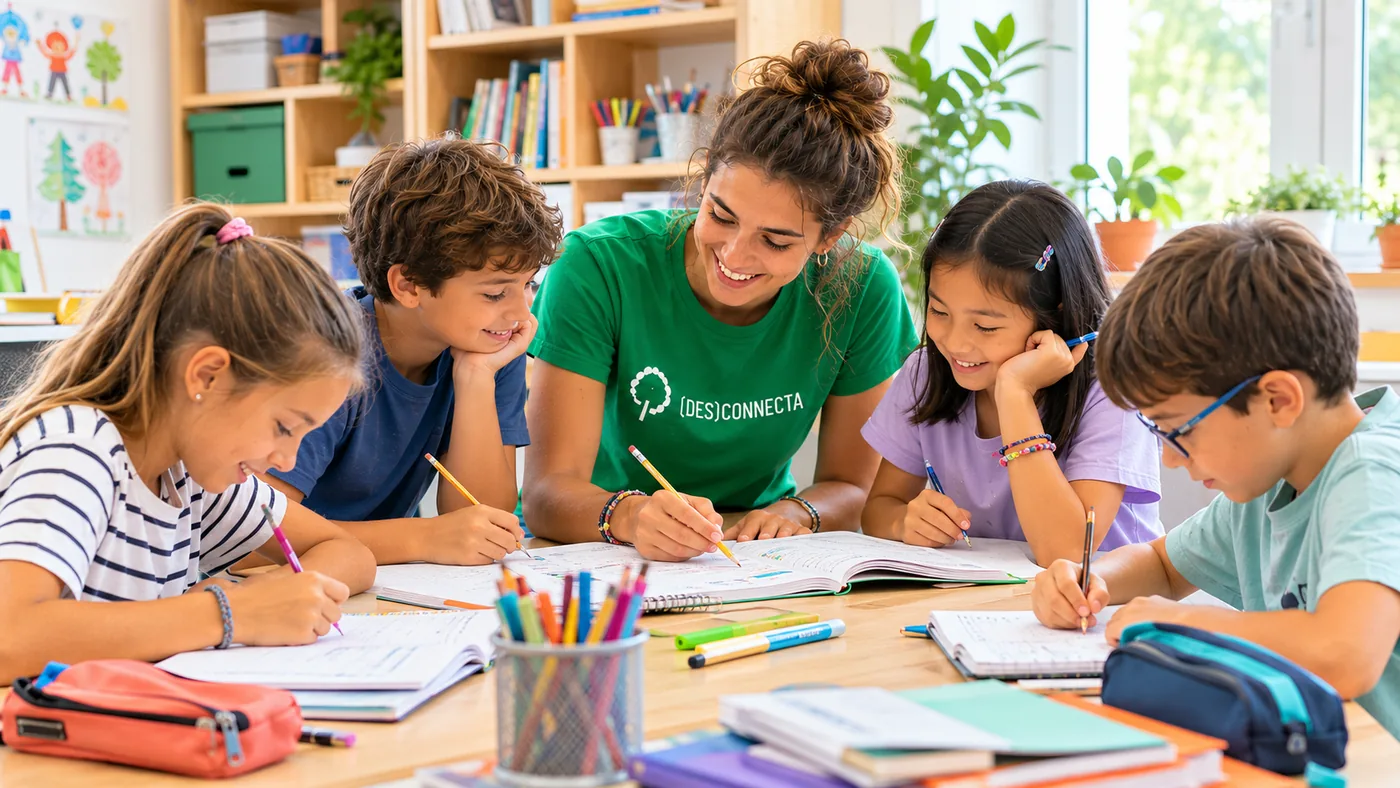 Monitora de Desconnecta ajudant un grup reduït d'infants amb els deures