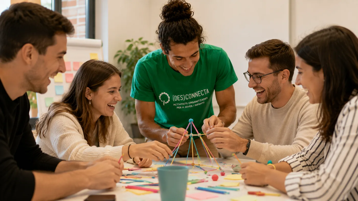 Grup d'adults fent un repte creatiu de team building amb un monitor de Desconnecta