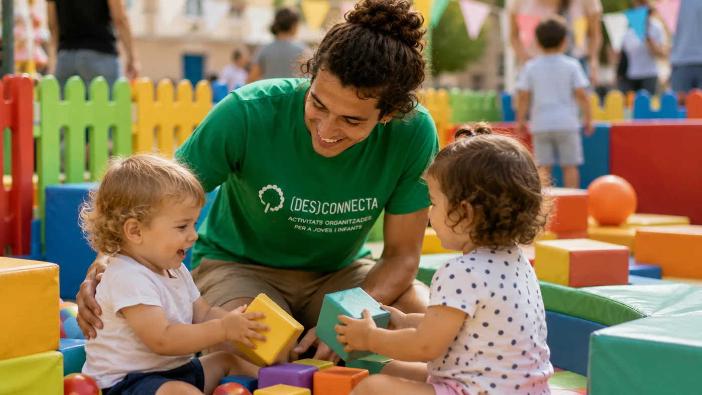 Monitor de Desconnecta jugant amb infants petits en una zona infantil d'un esdeveniment